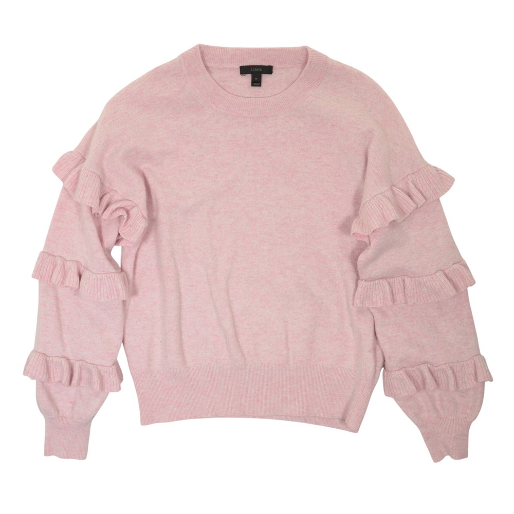 J.Crew Ruffle Sleeve Sweater Women M Pink Wool Blend Knit Pullover Crewneck EUC